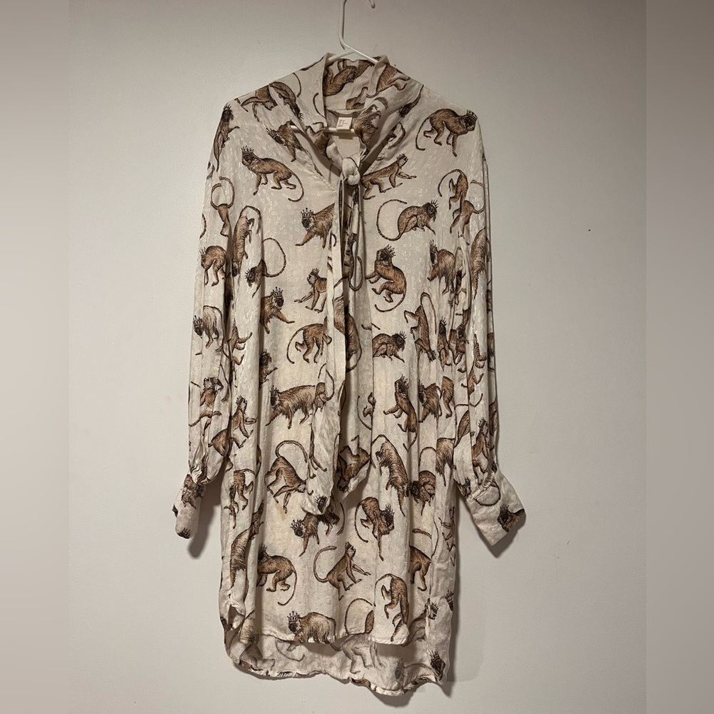 H&M Crown Monkey Print Bow Mini Dress Size 8 Animal Print - Picture 3 of 11